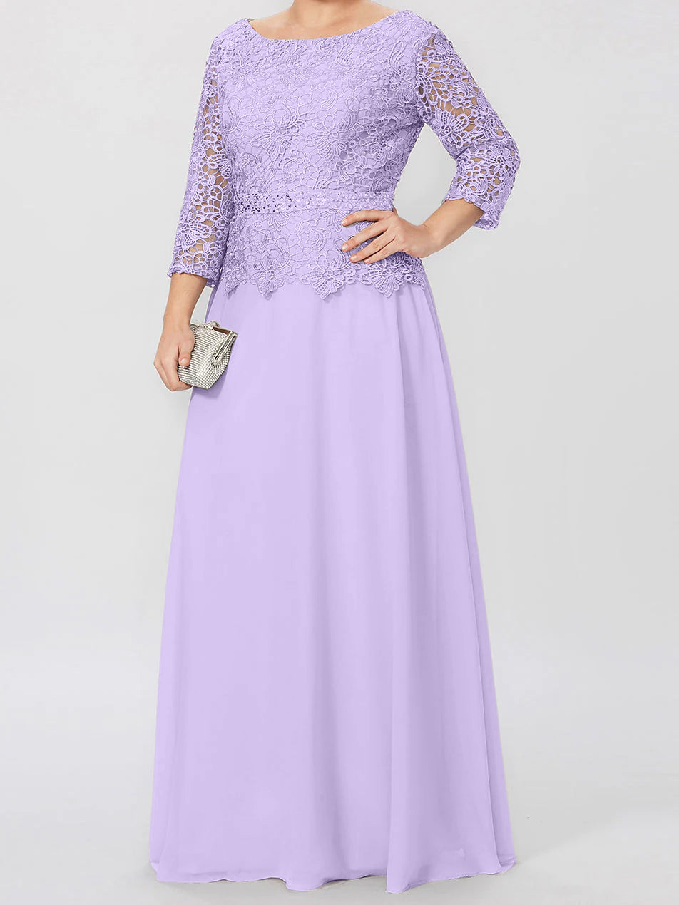 Robe de mère de la mariée longue jusqu'au sol, coupe trapèze/princesse, col rond, manches 3/4, ornée d'appliqués et de sequins 