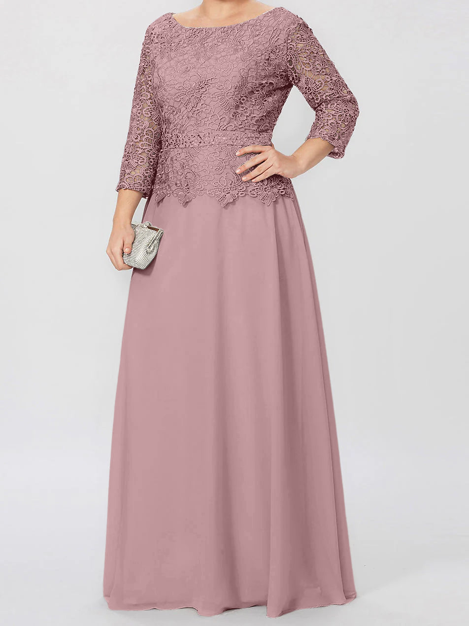 Robe de mère de la mariée longue jusqu'au sol, coupe trapèze/princesse, col rond, manches 3/4, ornée d'appliqués et de sequins 