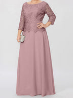 Robe de mère de la mariée longue jusqu'au sol, coupe trapèze/princesse, col rond, manches 3/4, ornée d'appliqués et de sequins 