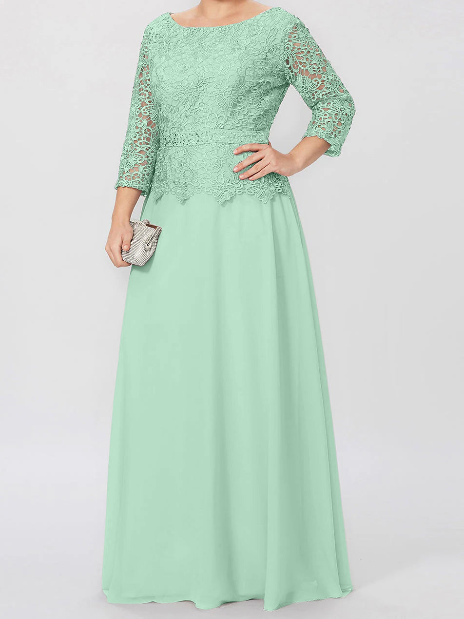 Robe de mère de la mariée longue jusqu'au sol, coupe trapèze/princesse, col rond, manches 3/4, ornée d'appliqués et de sequins 