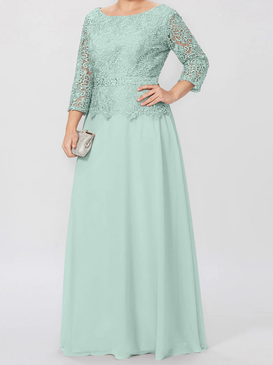 Robe de mère de la mariée longue jusqu'au sol, coupe trapèze/princesse, col rond, manches 3/4, ornée d'appliqués et de sequins 