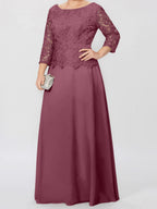 Robe de mère de la mariée longue jusqu'au sol, coupe trapèze/princesse, col rond, manches 3/4, ornée d'appliqués et de sequins 