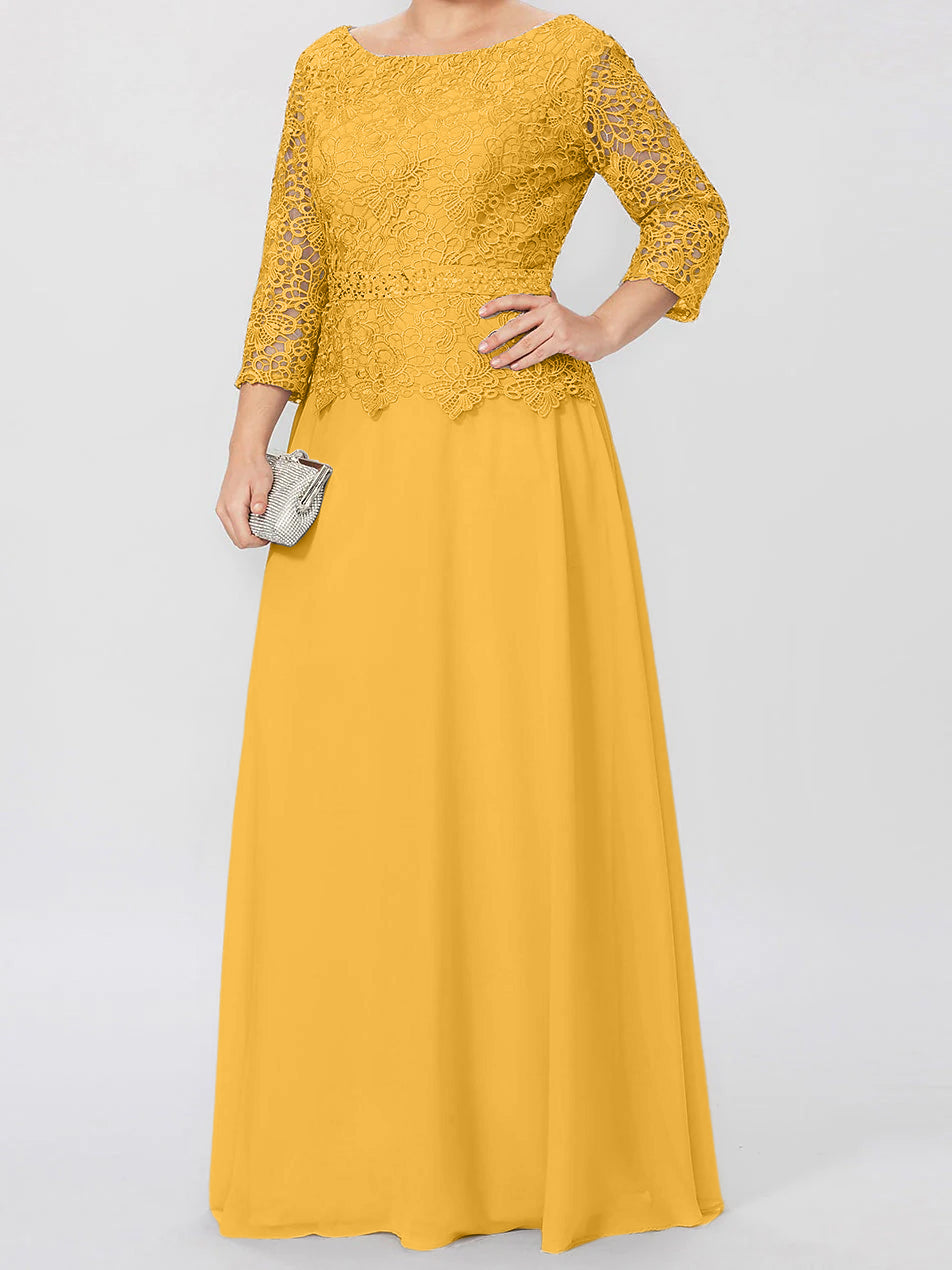 Vestidos de corte princesa/línea A, cuello redondo, mangas 3/4, largo hasta el suelo, para la madre de la novia, con apliques y lentejuelas. 