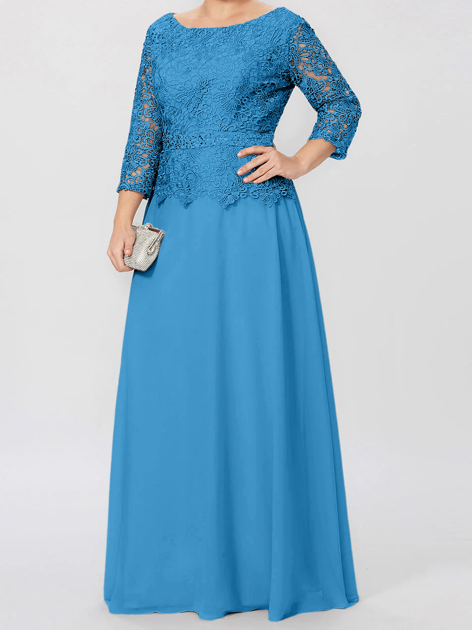 Robe de mère de la mariée longue jusqu'au sol, coupe trapèze/princesse, col rond, manches 3/4, ornée d'appliqués et de sequins 