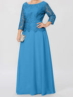Robe de mère de la mariée longue jusqu'au sol, coupe trapèze/princesse, col rond, manches 3/4, ornée d'appliqués et de sequins 