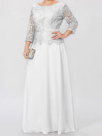 Robe de mère de la mariée longue jusqu'au sol, coupe trapèze/princesse, col rond, manches 3/4, ornée d'appliqués et de sequins 