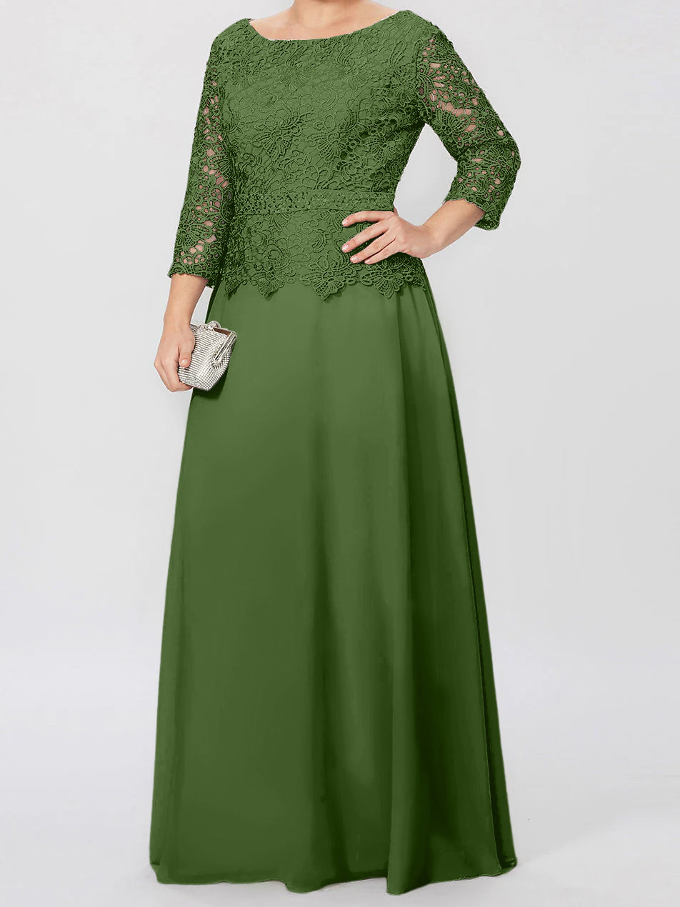 Robe de mère de la mariée longue jusqu'au sol, coupe trapèze/princesse, col rond, manches 3/4, ornée d'appliqués et de sequins 