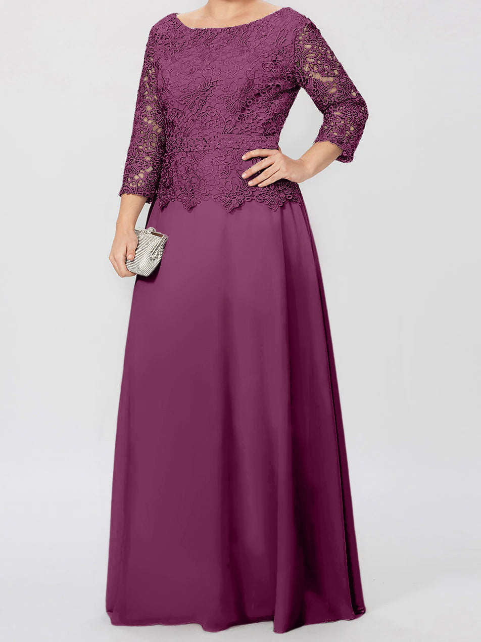 Vestidos de corte princesa/línea A, cuello redondo, mangas 3/4, largo hasta el suelo, para la madre de la novia, con apliques y lentejuelas. 