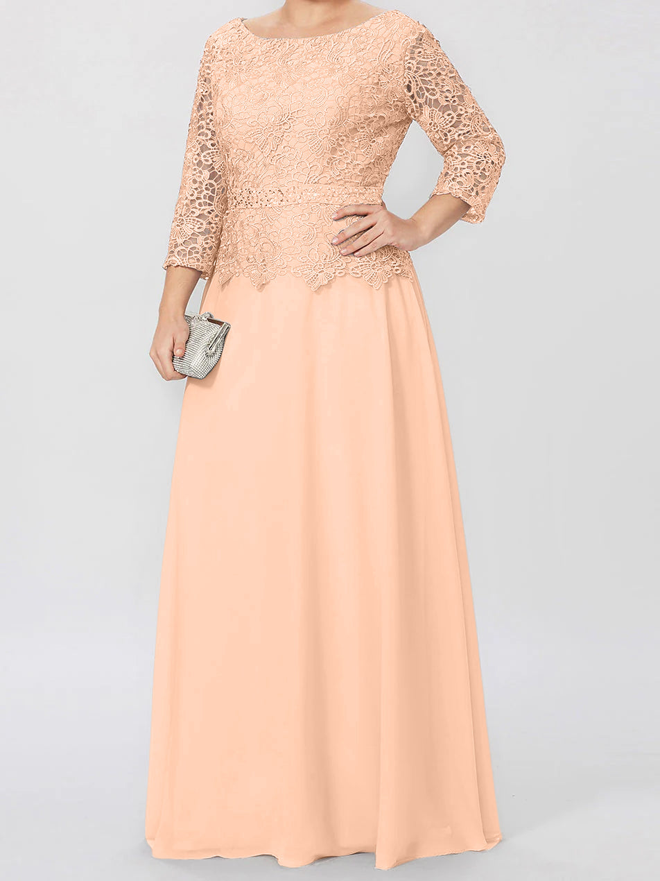 Vestidos de corte princesa/línea A, cuello redondo, mangas 3/4, largo hasta el suelo, para la madre de la novia, con apliques y lentejuelas. 