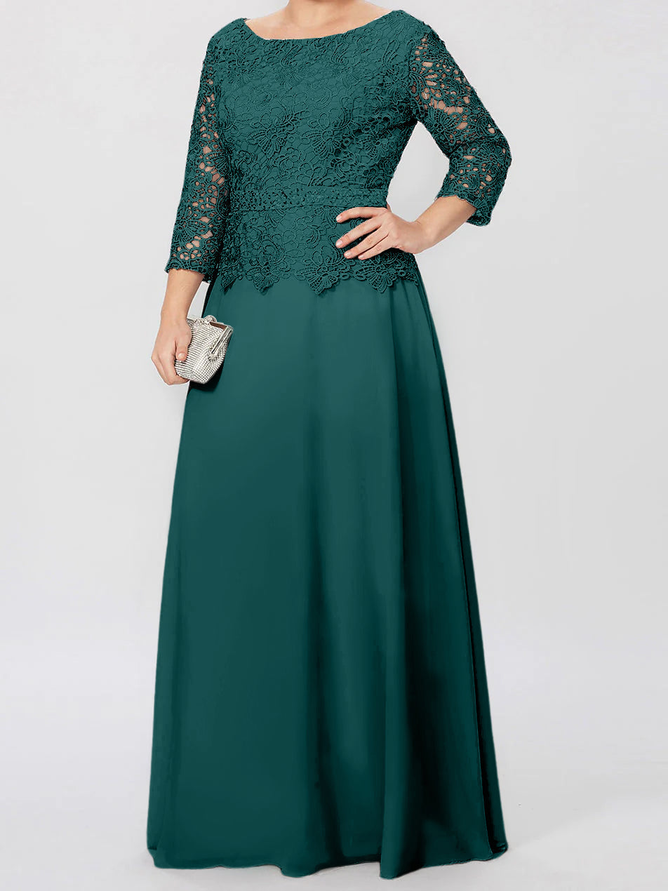 Robe de mère de la mariée longue jusqu'au sol, coupe trapèze/princesse, col rond, manches 3/4, ornée d'appliqués et de sequins 