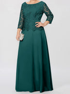 Robe de mère de la mariée longue jusqu'au sol, coupe trapèze/princesse, col rond, manches 3/4, ornée d'appliqués et de sequins 