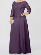 Robe de mère de la mariée longue jusqu'au sol, coupe trapèze/princesse, col rond, manches 3/4, ornée d'appliqués et de sequins 