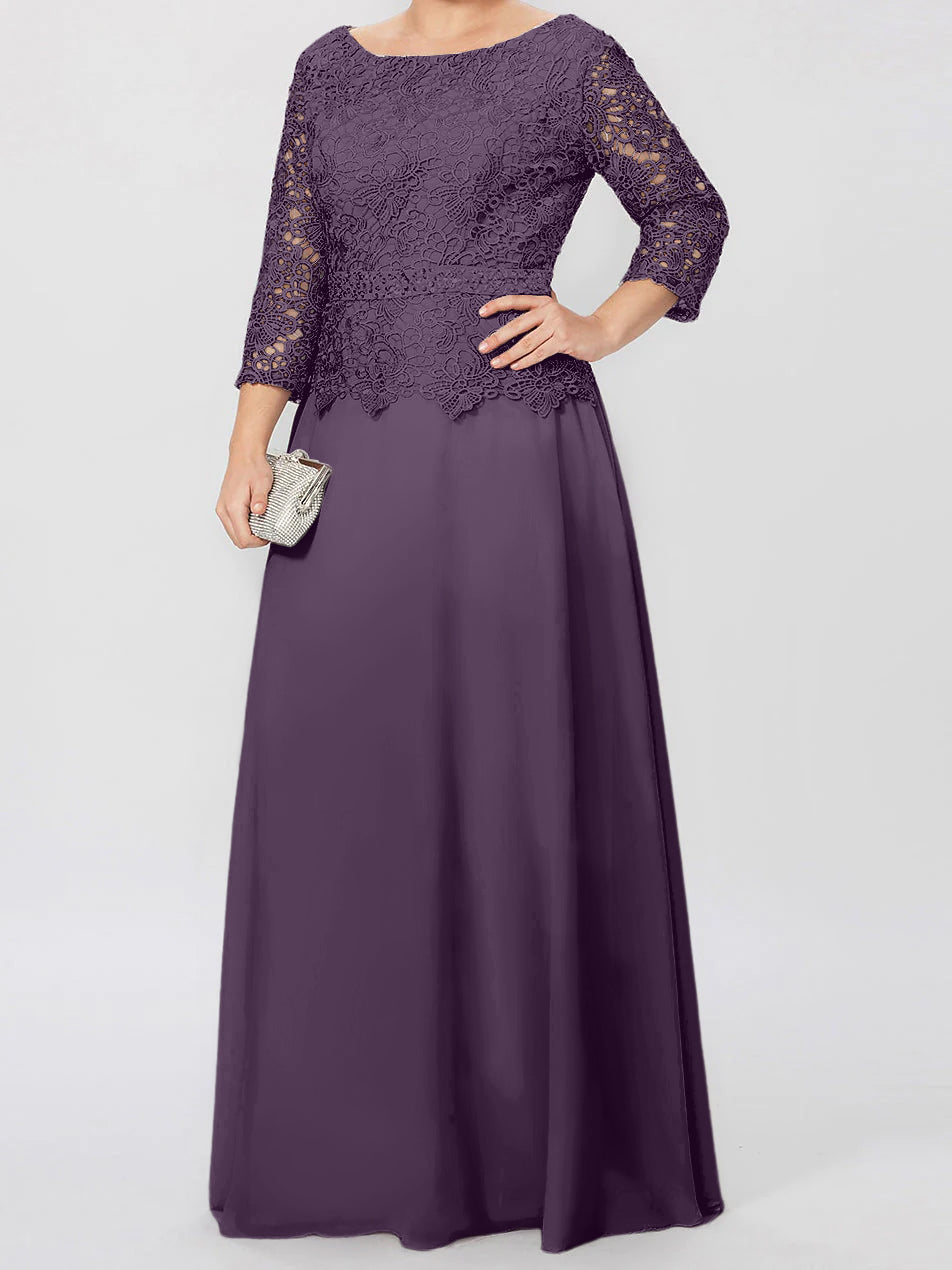 Vestidos de corte princesa/línea A, cuello redondo, mangas 3/4, largo hasta el suelo, para la madre de la novia, con apliques y lentejuelas. 