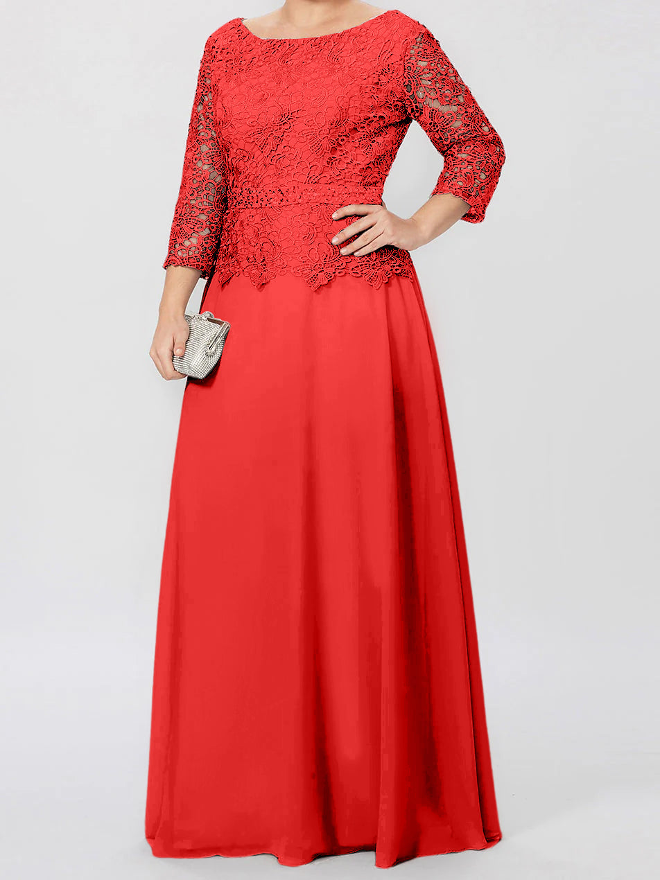 Robe de mère de la mariée longue jusqu'au sol, coupe trapèze/princesse, col rond, manches 3/4, ornée d'appliqués et de sequins 