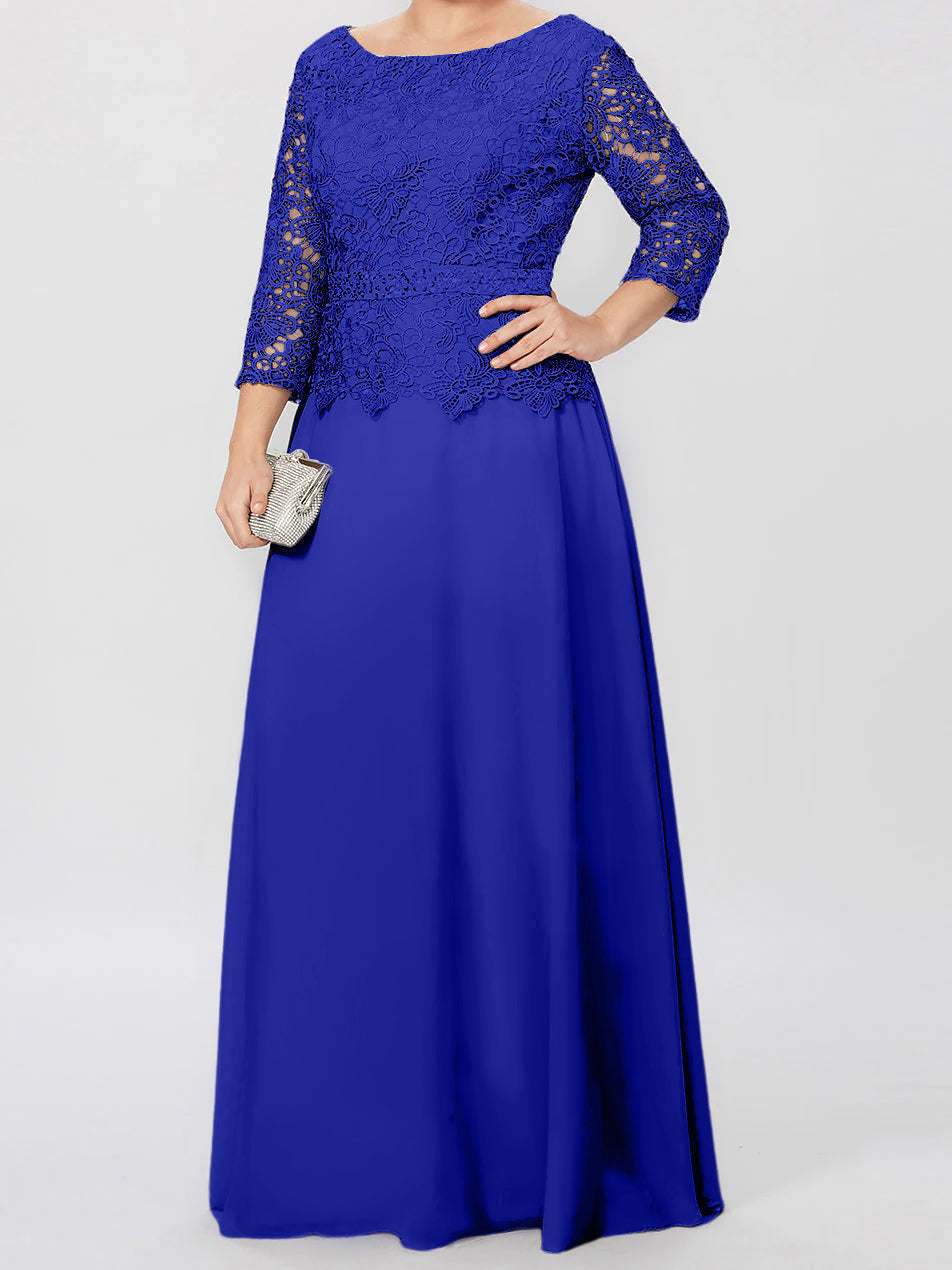 Vestidos de corte princesa/línea A, cuello redondo, mangas 3/4, largo hasta el suelo, para la madre de la novia, con apliques y lentejuelas. 