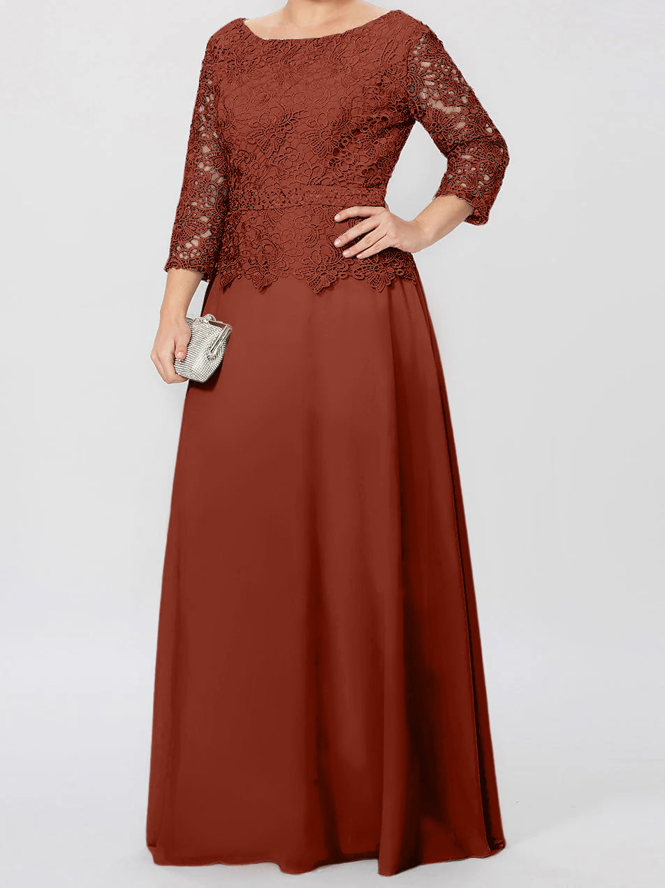 Vestidos de corte princesa/línea A, cuello redondo, mangas 3/4, largo hasta el suelo, para la madre de la novia, con apliques y lentejuelas. 