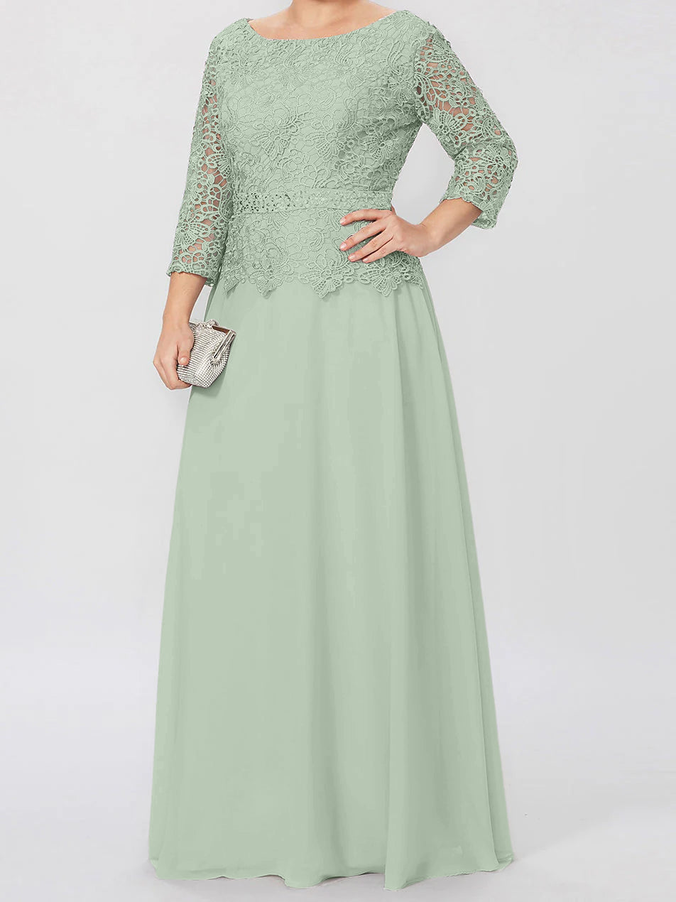 Robe de mère de la mariée longue jusqu'au sol, coupe trapèze/princesse, col rond, manches 3/4, ornée d'appliqués et de sequins 