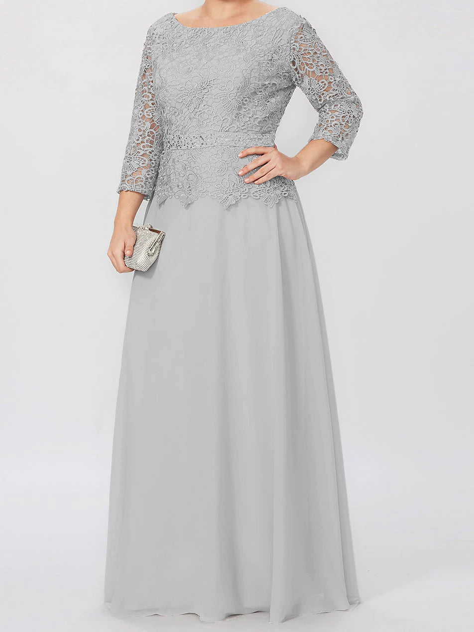 Robe de mère de la mariée longue jusqu'au sol, coupe trapèze/princesse, col rond, manches 3/4, ornée d'appliqués et de sequins 