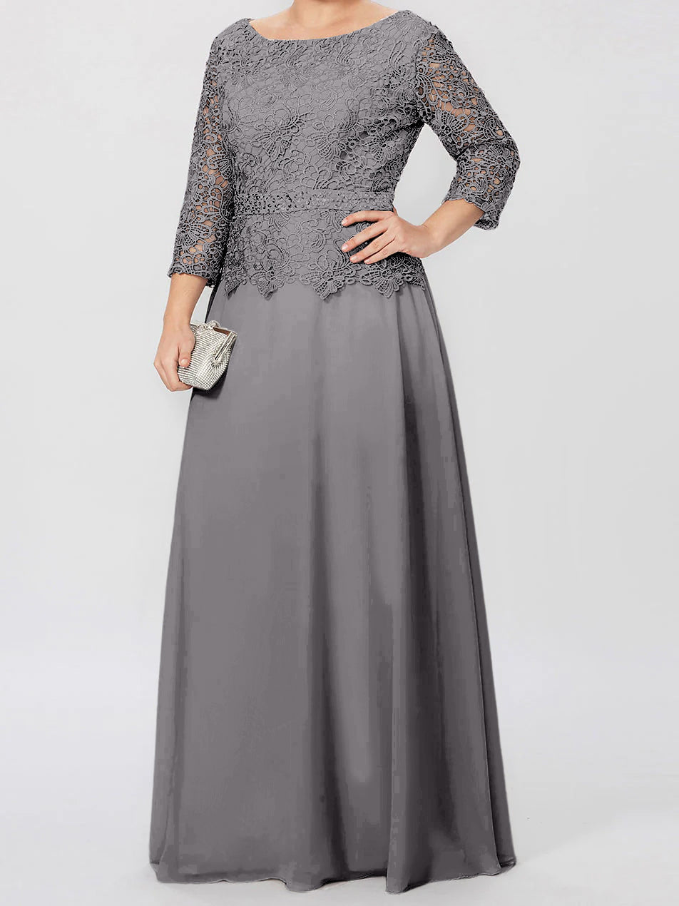 Robe de mère de la mariée longue jusqu'au sol, coupe trapèze/princesse, col rond, manches 3/4, ornée d'appliqués et de sequins 