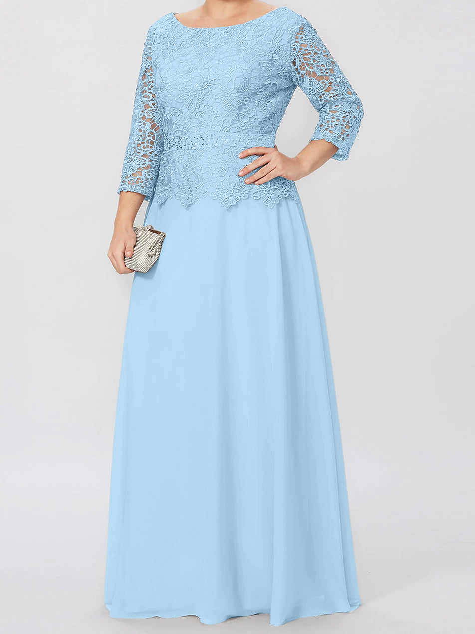 Robe de mère de la mariée longue jusqu'au sol, coupe trapèze/princesse, col rond, manches 3/4, ornée d'appliqués et de sequins 