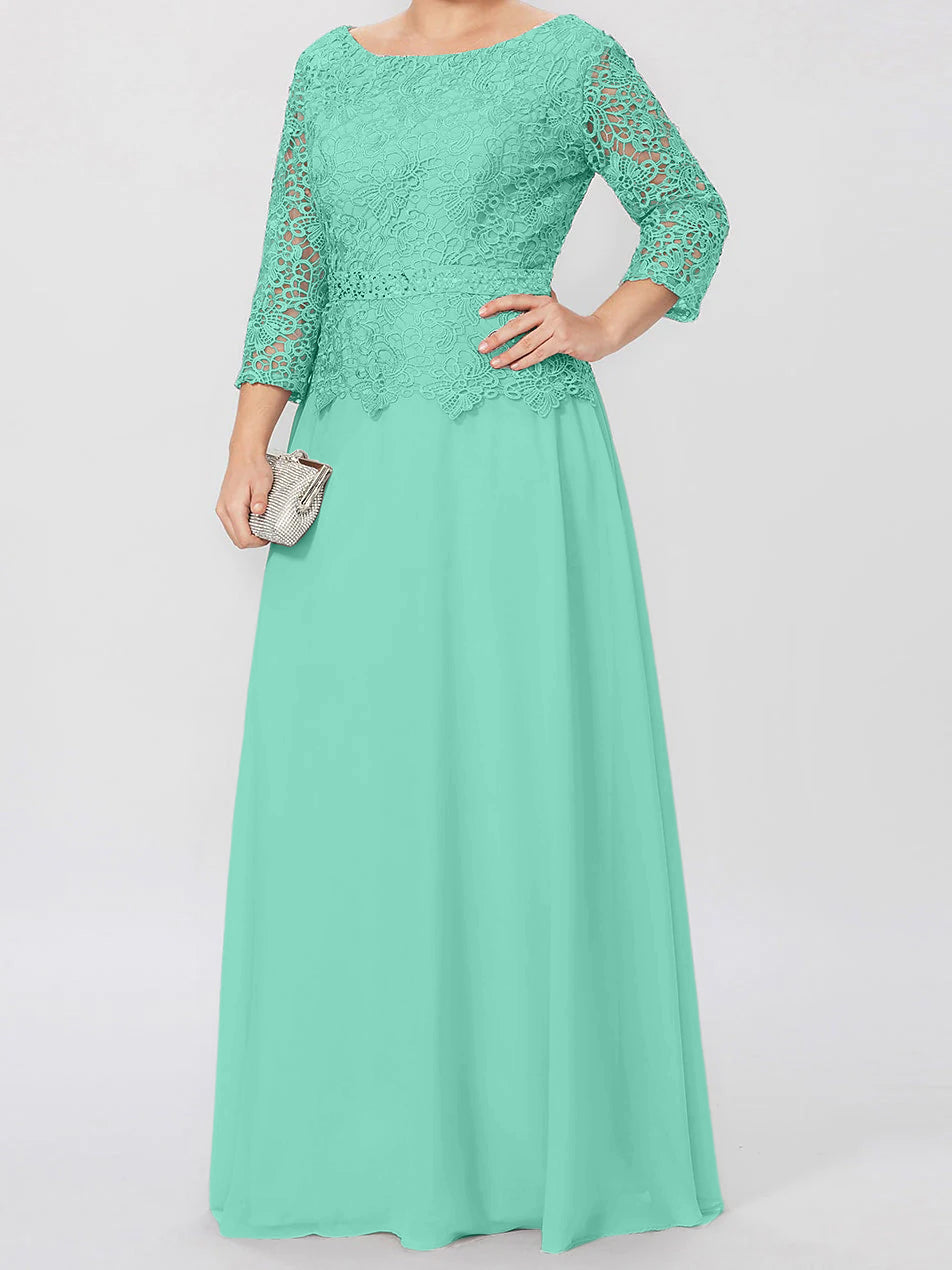 Robe de mère de la mariée longue jusqu'au sol, coupe trapèze/princesse, col rond, manches 3/4, ornée d'appliqués et de sequins 