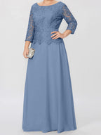 Robe de mère de la mariée longue jusqu'au sol, coupe trapèze/princesse, col rond, manches 3/4, ornée d'appliqués et de sequins 