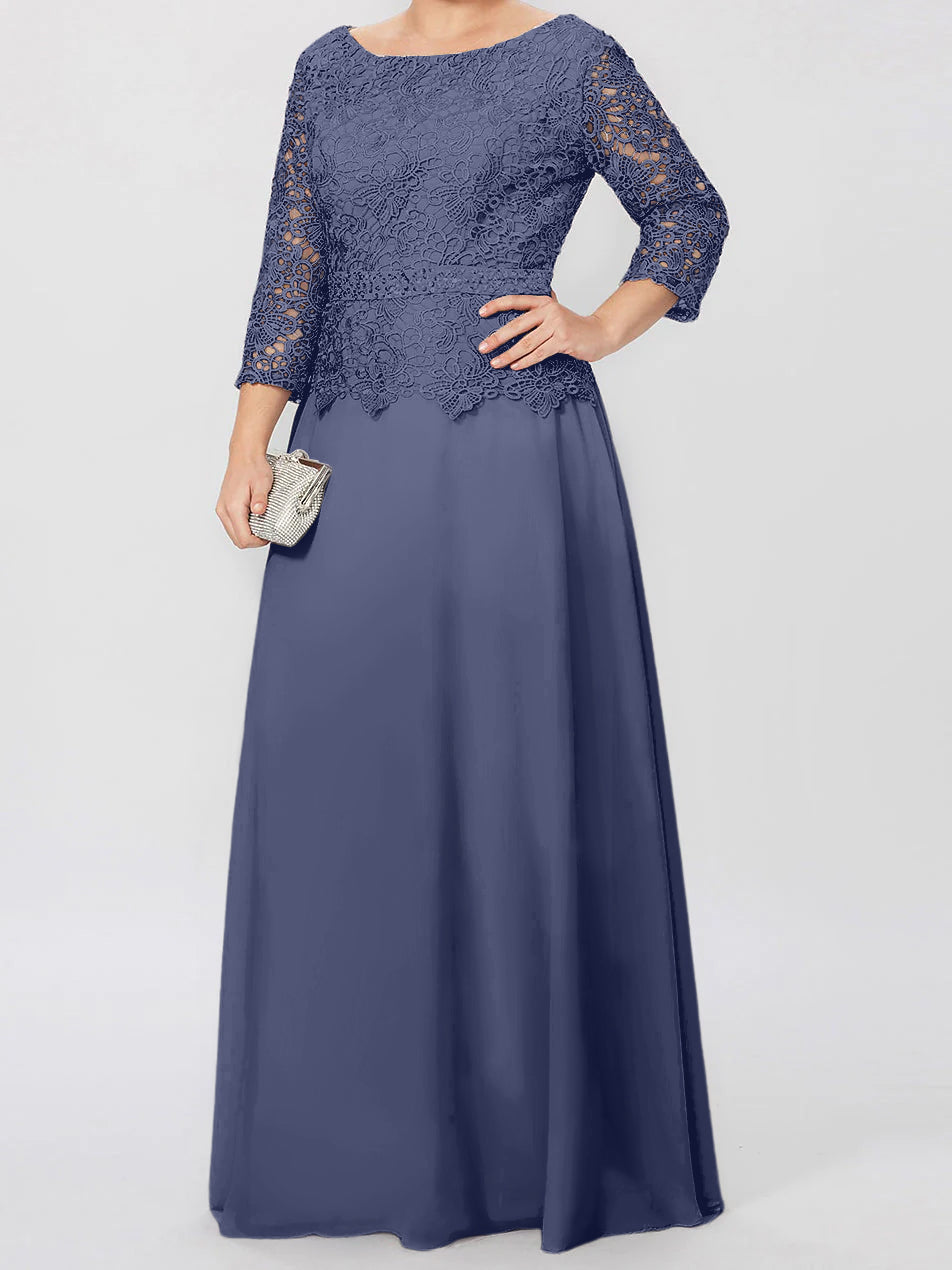 Robe de mère de la mariée longue jusqu'au sol, coupe trapèze/princesse, col rond, manches 3/4, ornée d'appliqués et de sequins 