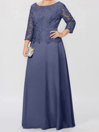 Robe de mère de la mariée longue jusqu'au sol, coupe trapèze/princesse, col rond, manches 3/4, ornée d'appliqués et de sequins 