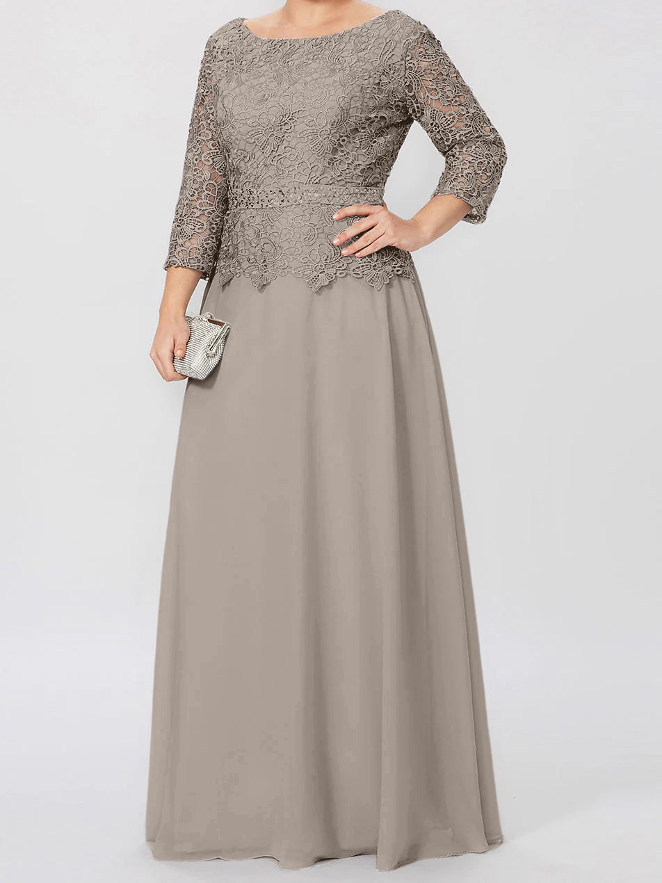 Robe de mère de la mariée longue jusqu'au sol, coupe trapèze/princesse, col rond, manches 3/4, ornée d'appliqués et de sequins 