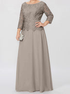 Robe de mère de la mariée longue jusqu'au sol, coupe trapèze/princesse, col rond, manches 3/4, ornée d'appliqués et de sequins 