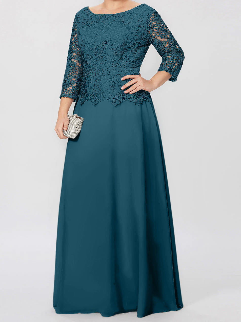 Robe de mère de la mariée longue jusqu'au sol, coupe trapèze/princesse, col rond, manches 3/4, ornée d'appliqués et de sequins 
