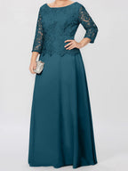 Robe de mère de la mariée longue jusqu'au sol, coupe trapèze/princesse, col rond, manches 3/4, ornée d'appliqués et de sequins 