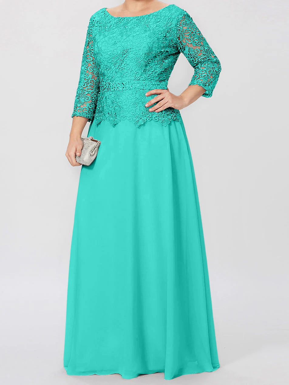 Vestidos de corte princesa/línea A, cuello redondo, mangas 3/4, largo hasta el suelo, para la madre de la novia, con apliques y lentejuelas. 