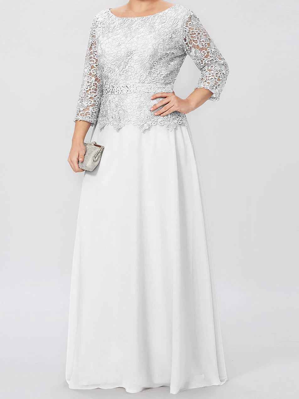 Robe de mère de la mariée longue jusqu'au sol, coupe trapèze/princesse, col rond, manches 3/4, ornée d'appliqués et de sequins 