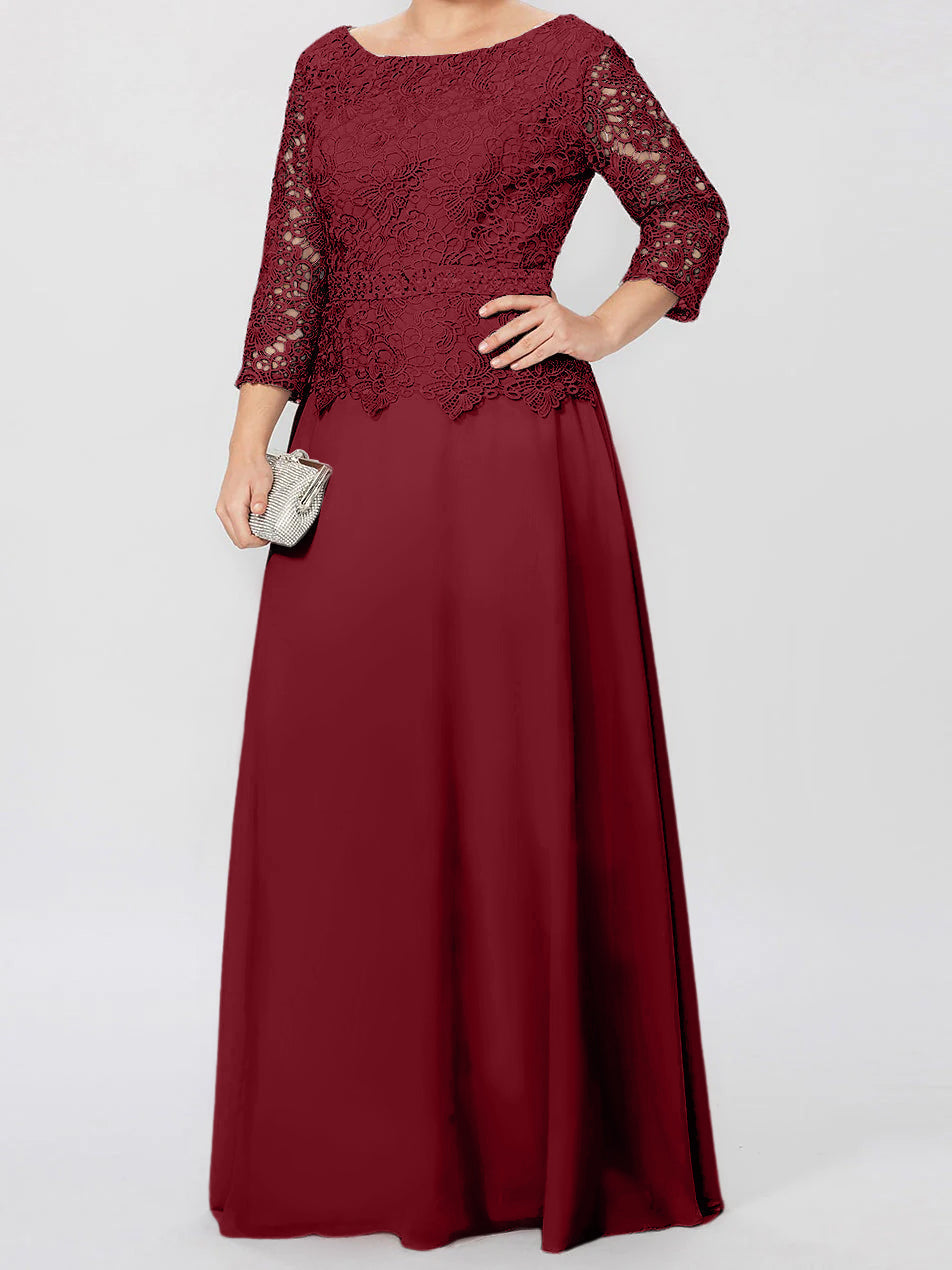 Robe de mère de la mariée longue jusqu'au sol, coupe trapèze/princesse, col rond, manches 3/4, ornée d'appliqués et de sequins 