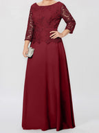 Robe de mère de la mariée longue jusqu'au sol, coupe trapèze/princesse, col rond, manches 3/4, ornée d'appliqués et de sequins 