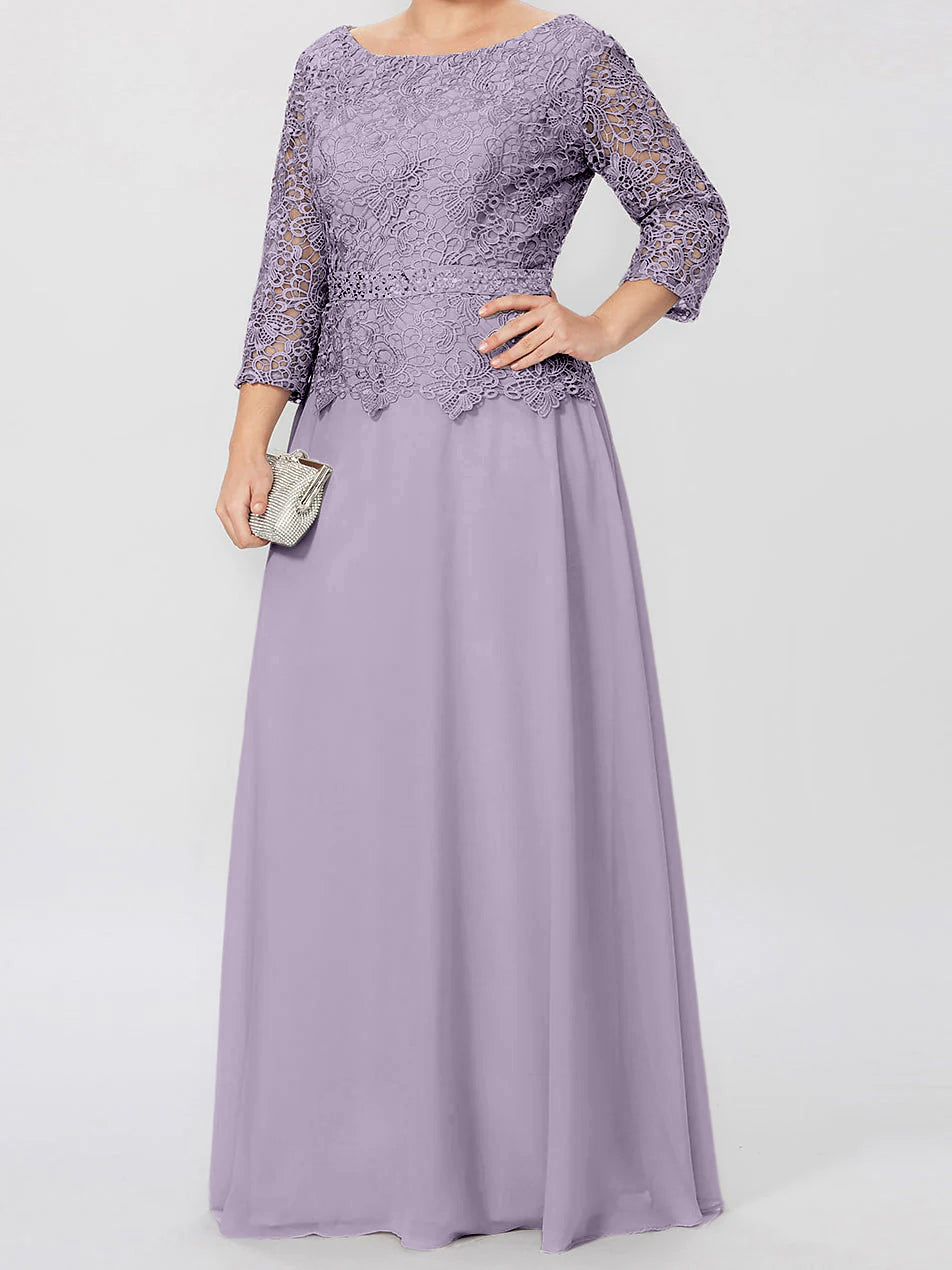 Robe de mère de la mariée longue jusqu'au sol, coupe trapèze/princesse, col rond, manches 3/4, ornée d'appliqués et de sequins 