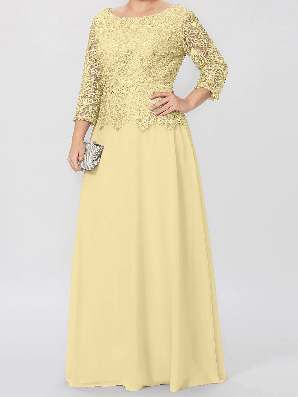 Robe de mère de la mariée longue jusqu'au sol, coupe trapèze/princesse, col rond, manches 3/4, ornée d'appliqués et de sequins 