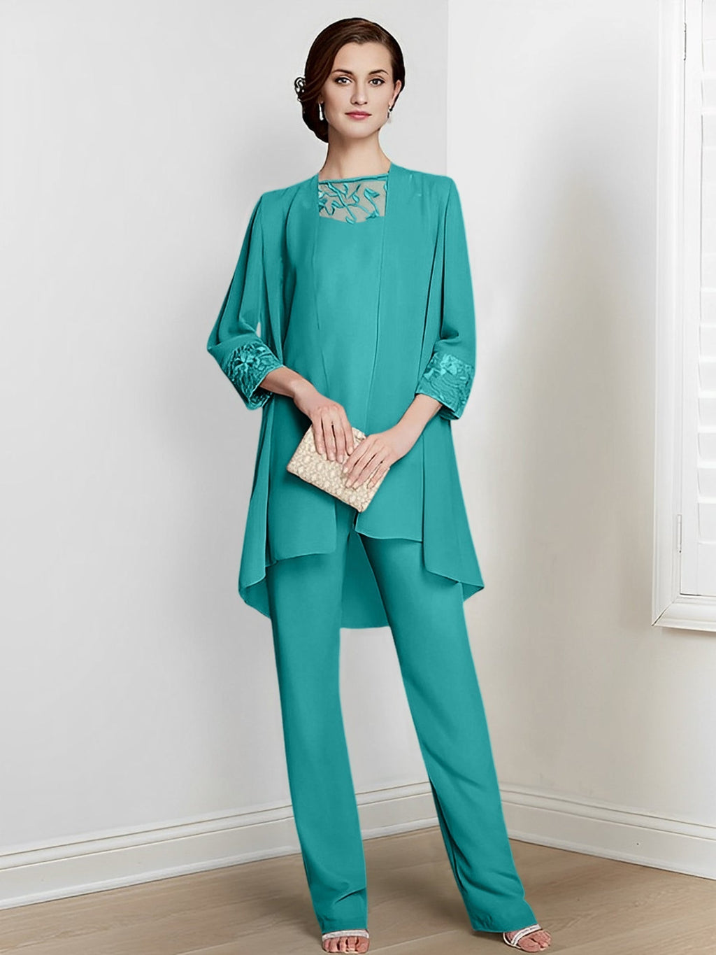 Tailleurs-pantalons en mousseline à manches longues pour la mère de la mariée, avec veste 