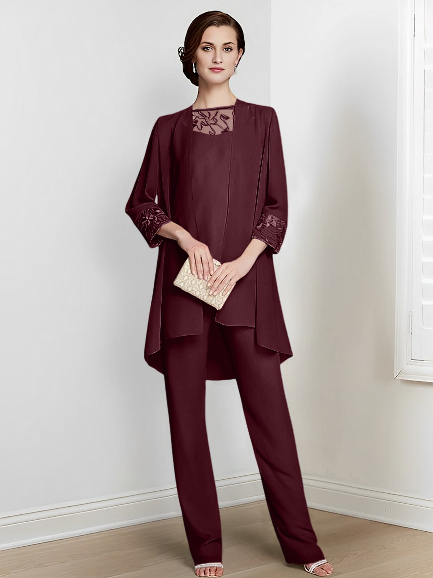 Tailleurs-pantalons en mousseline à manches longues pour la mère de la mariée, avec veste 