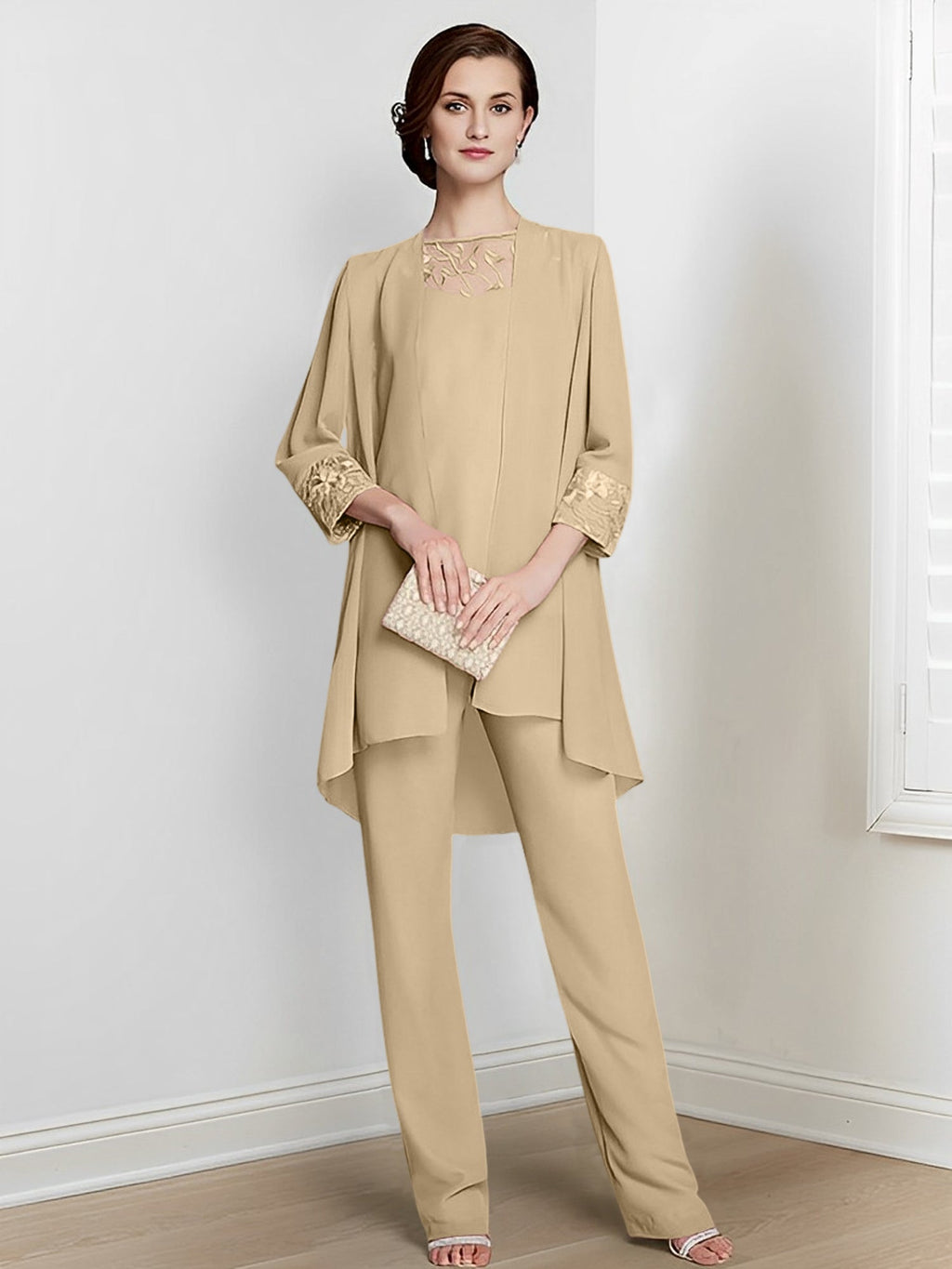Tailleurs-pantalons en mousseline à manches longues pour la mère de la mariée, avec veste 