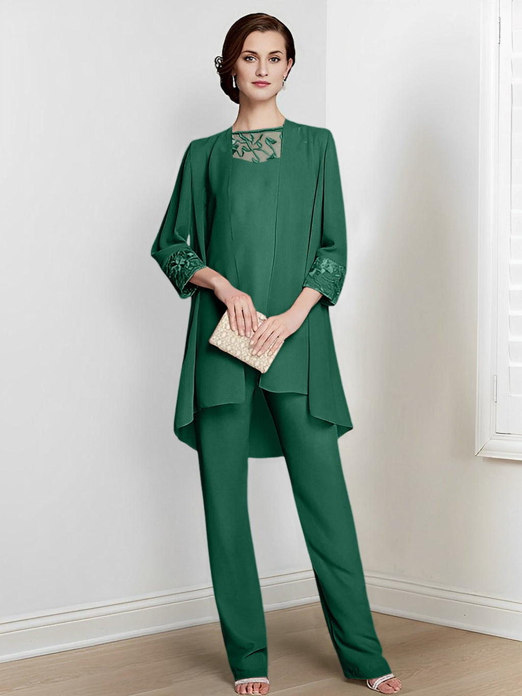 Tailleurs-pantalons en mousseline à manches longues pour la mère de la mariée, avec veste 