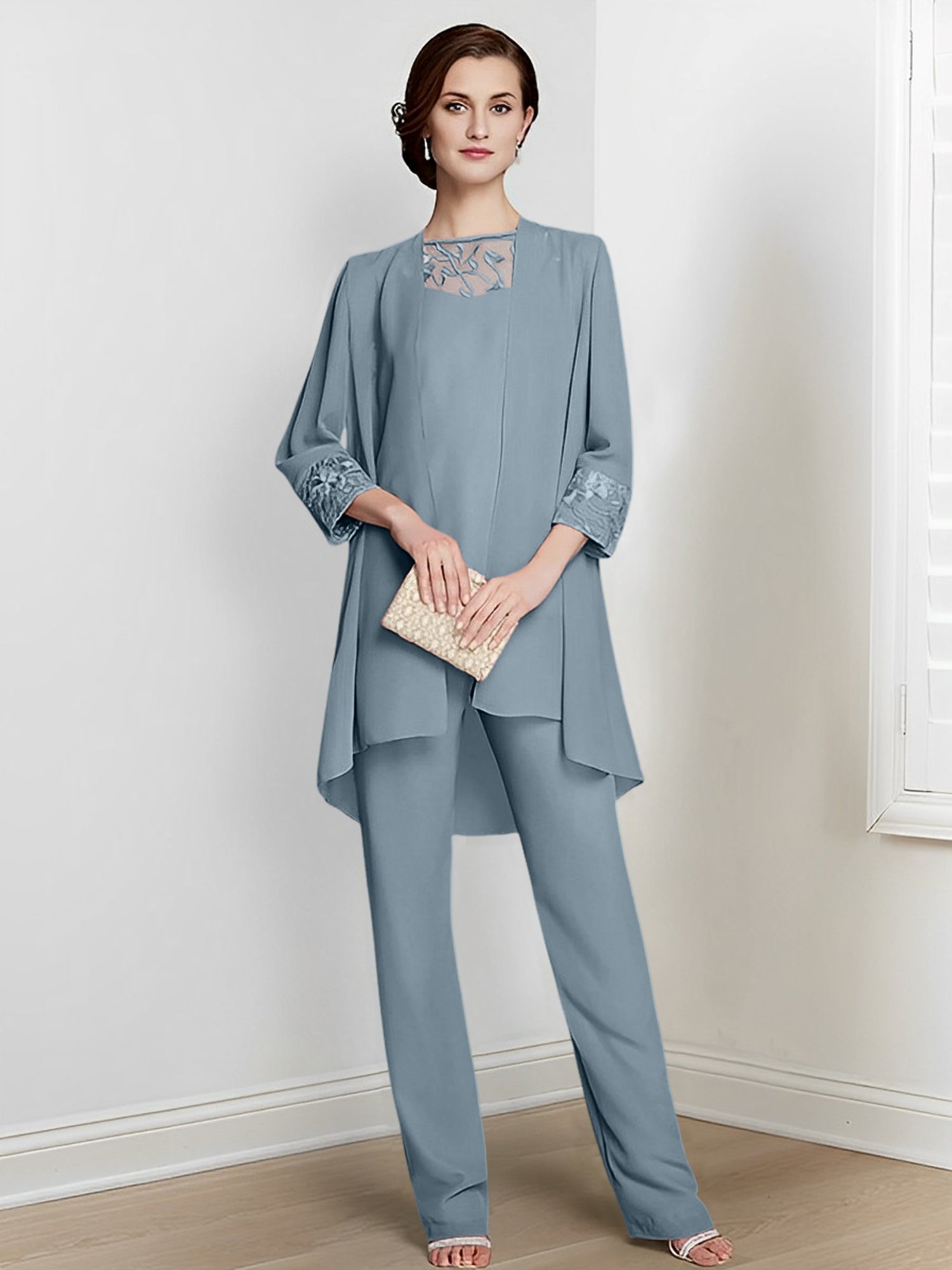 Tailleurs-pantalons en mousseline à manches longues pour la mère de la mariée, avec veste 