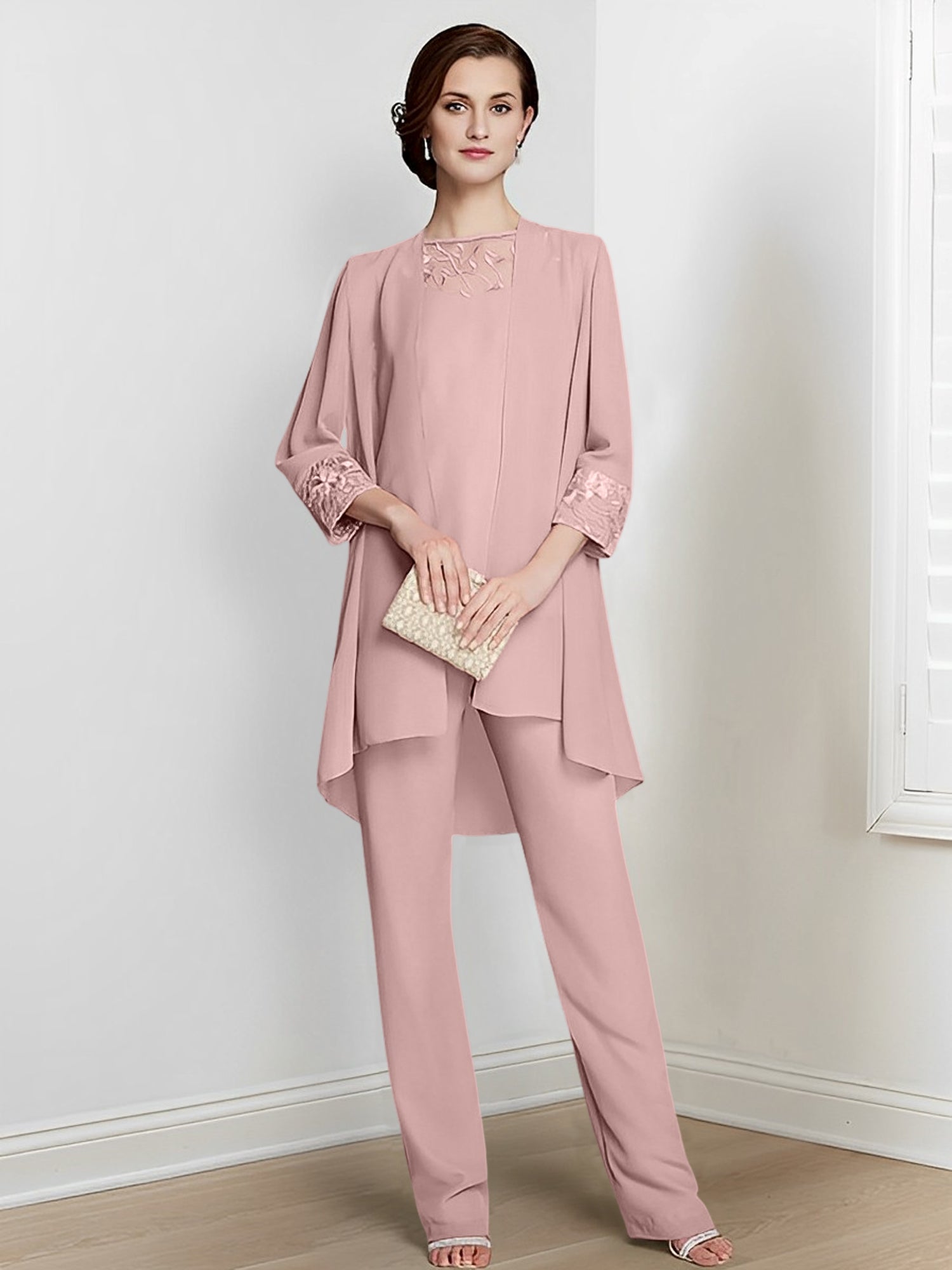Tailleurs-pantalons en mousseline à manches longues pour la mère de la mariée, avec veste 