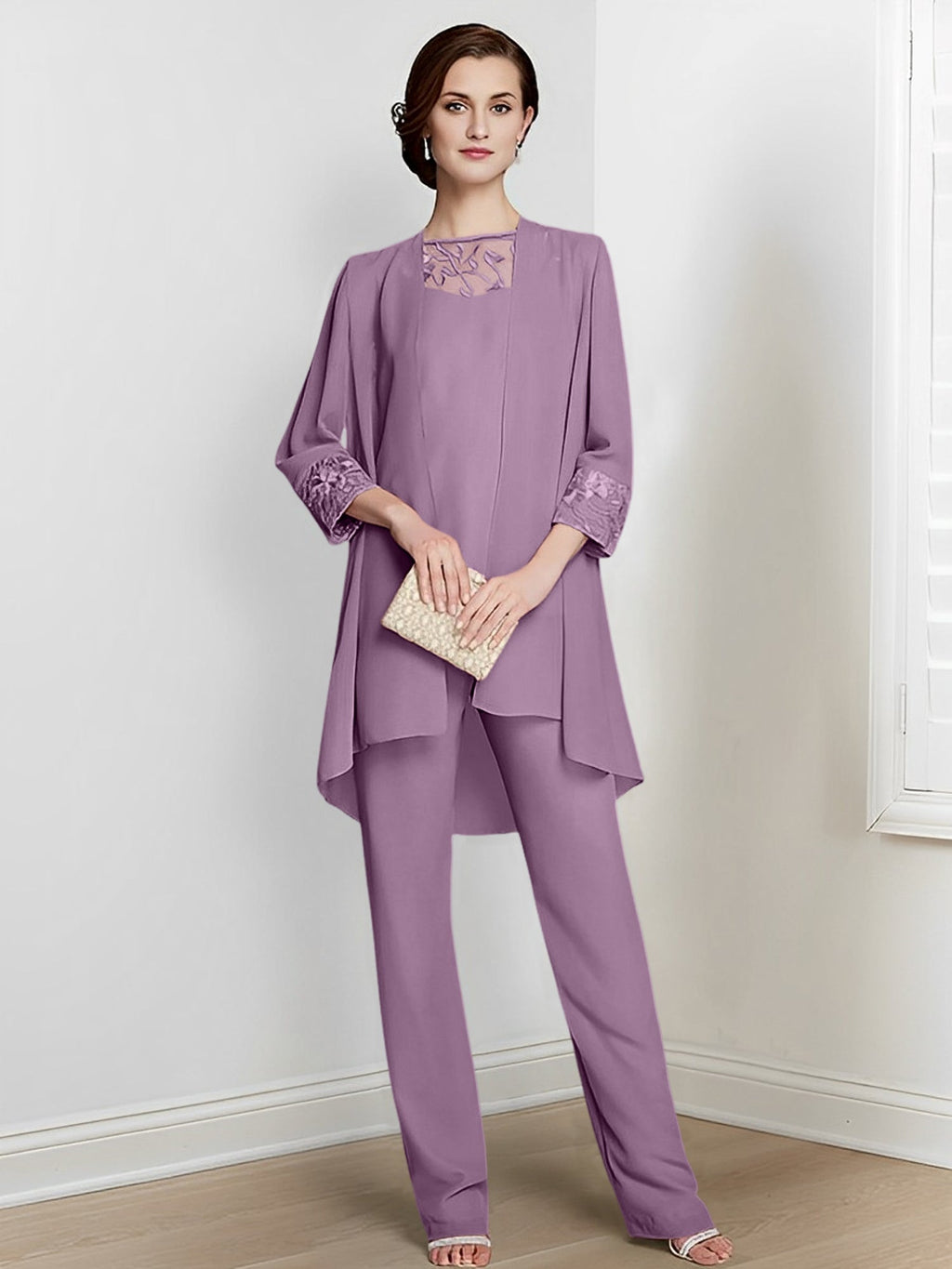 Tailleurs-pantalons en mousseline à manches longues pour la mère de la mariée, avec veste 
