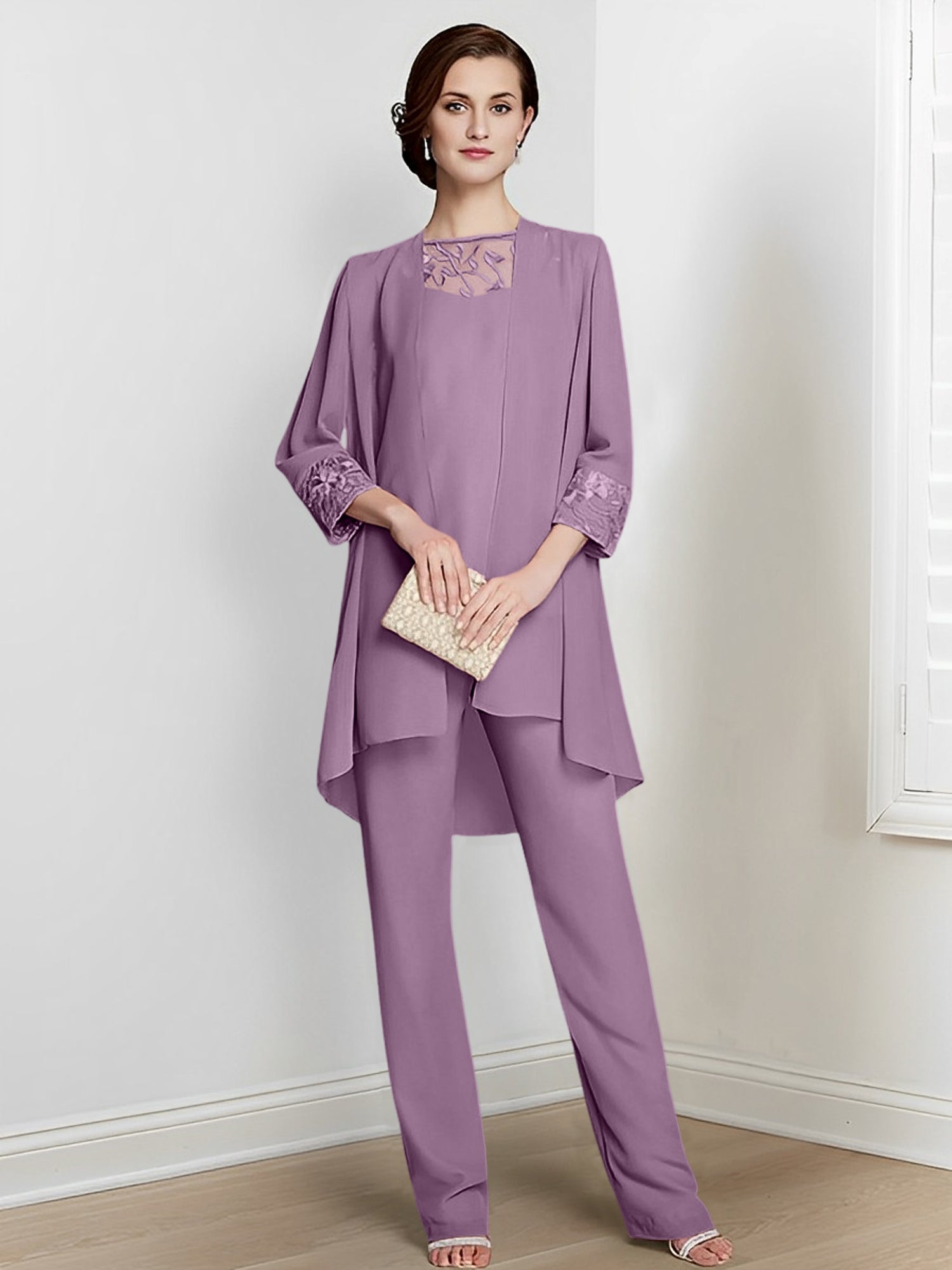 Tailleurs-pantalons en mousseline à manches longues pour la mère de la mariée, avec veste 