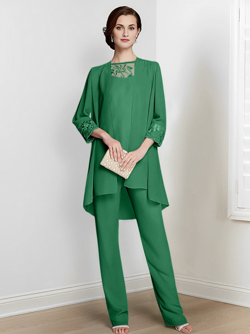 Tailleurs-pantalons en mousseline à manches longues pour la mère de la mariée, avec veste 
