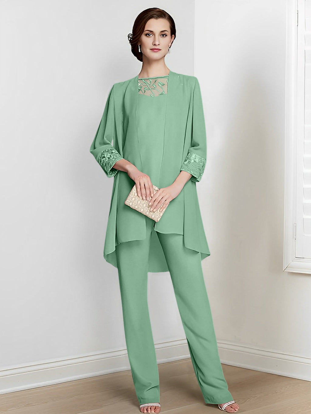 Tailleurs-pantalons en mousseline à manches longues pour la mère de la mariée, avec veste 