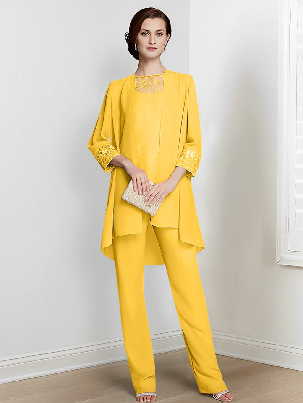 Tailleurs-pantalons en mousseline à manches longues pour la mère de la mariée, avec veste 
