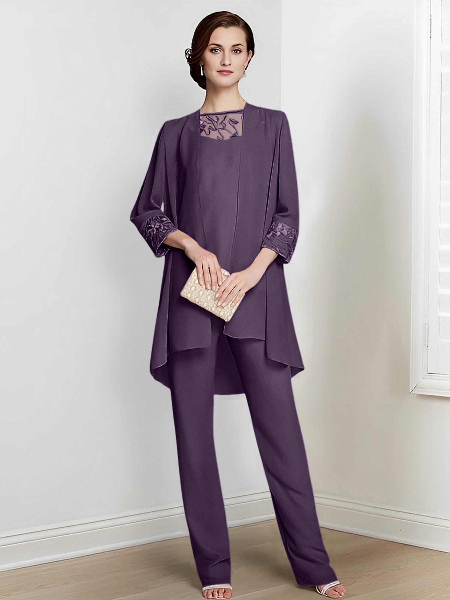 Tailleurs-pantalons en mousseline à manches longues pour la mère de la mariée, avec veste 
